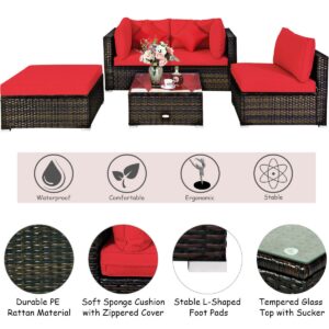 5 Pcs Outdoor Patio Rattan Furniture Set Sectional Conversation with Cushions-Red