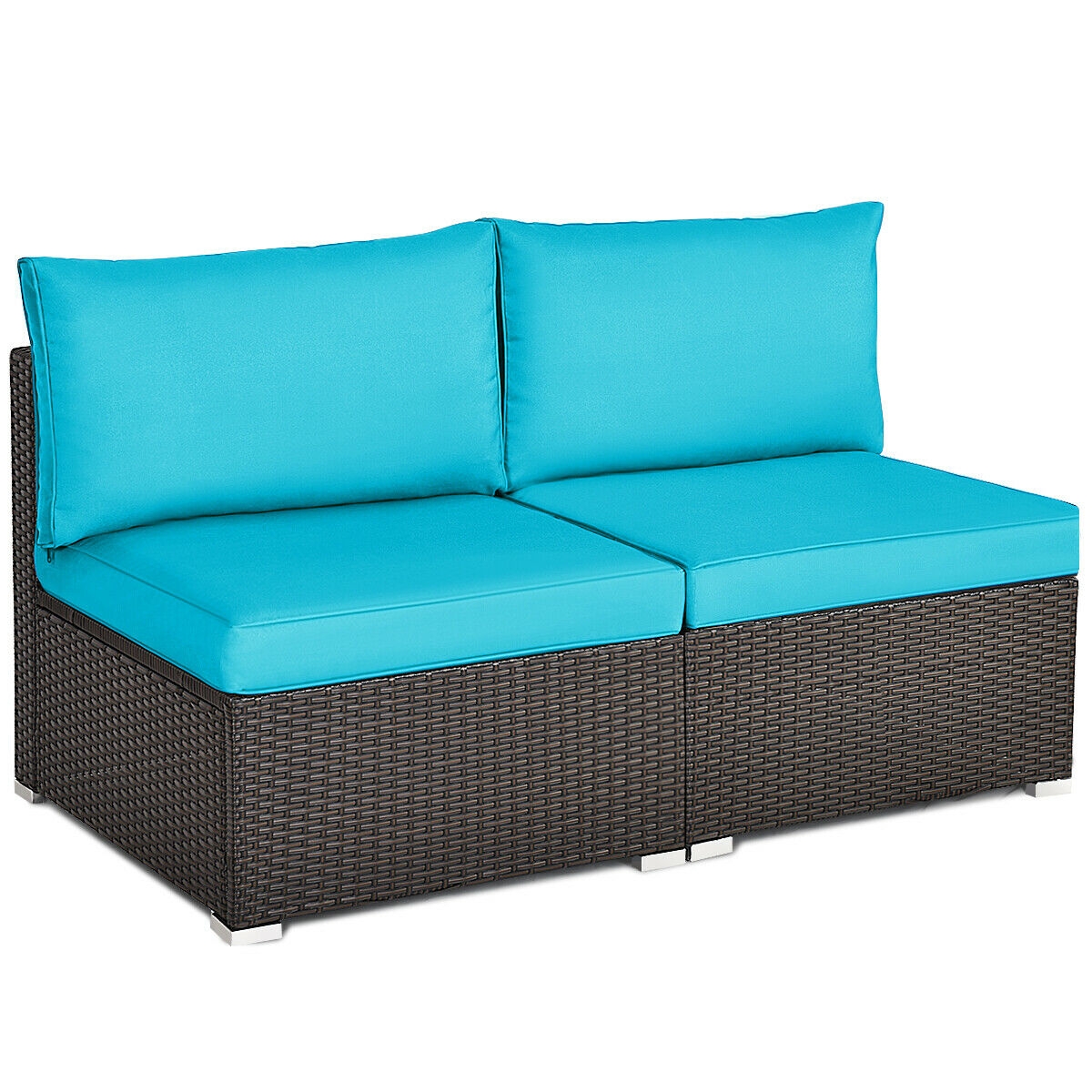 2 Pieces Patio Rattan Armless Sofa Set with 2 Cushions and 2 Pillows-Blue - Image 2