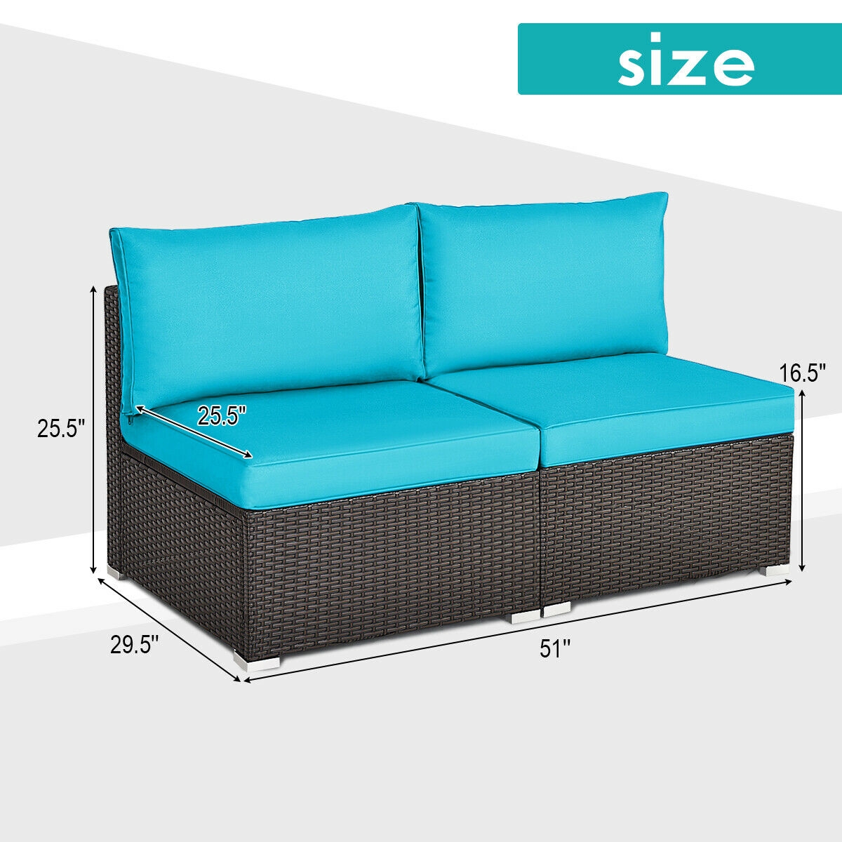 2 Pieces Patio Rattan Armless Sofa Set with 2 Cushions and 2 Pillows-Blue - Image 3