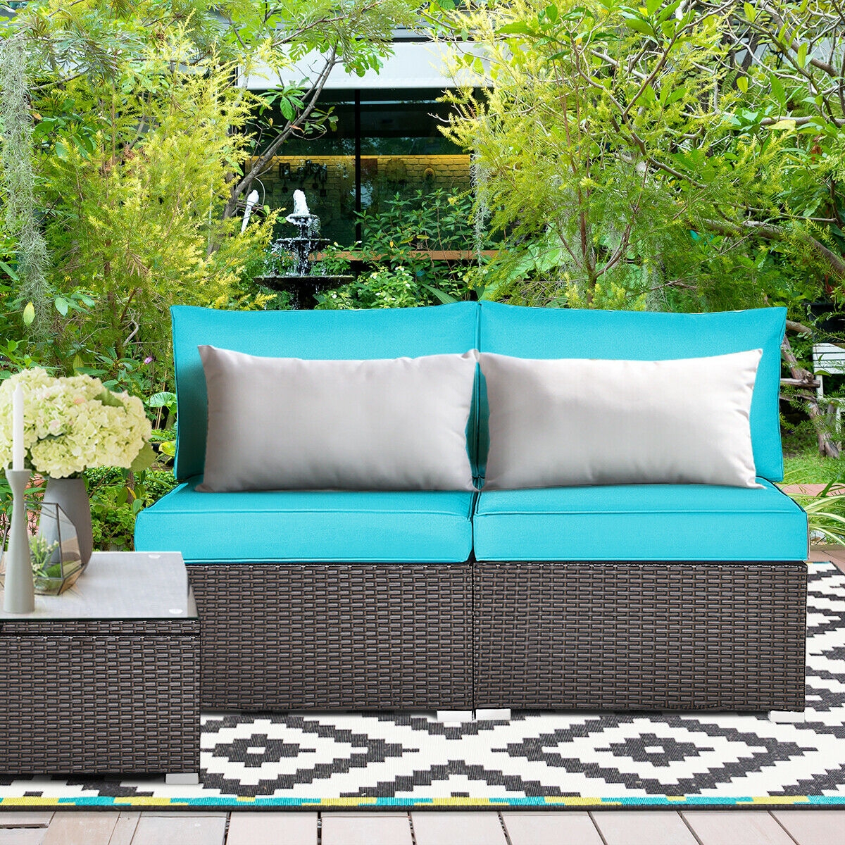 2 Pieces Patio Rattan Armless Sofa Set with 2 Cushions and 2 Pillows-Blue - Image 5