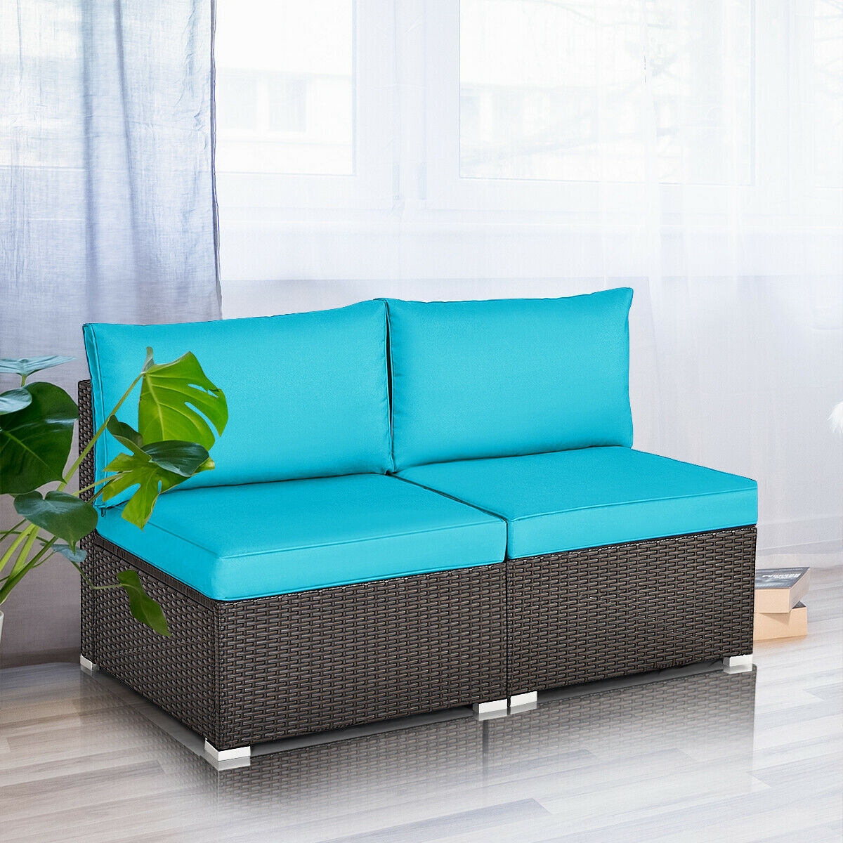 2 Pieces Patio Rattan Armless Sofa Set with 2 Cushions and 2 Pillows-Blue - Image 6