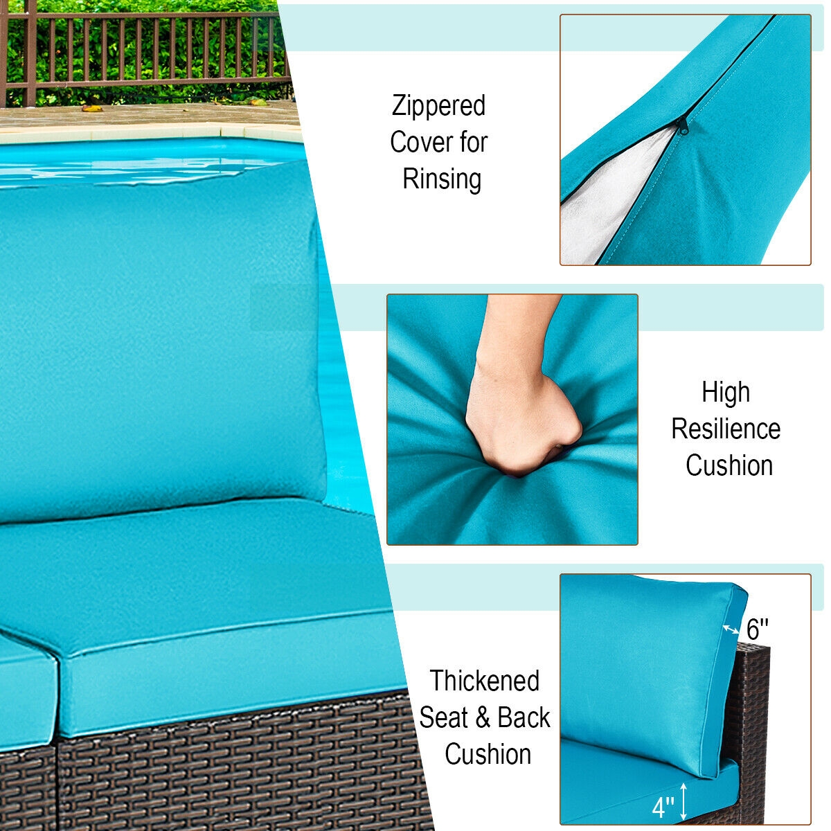 2 Pieces Patio Rattan Armless Sofa Set with 2 Cushions and 2 Pillows-Blue - Image 4