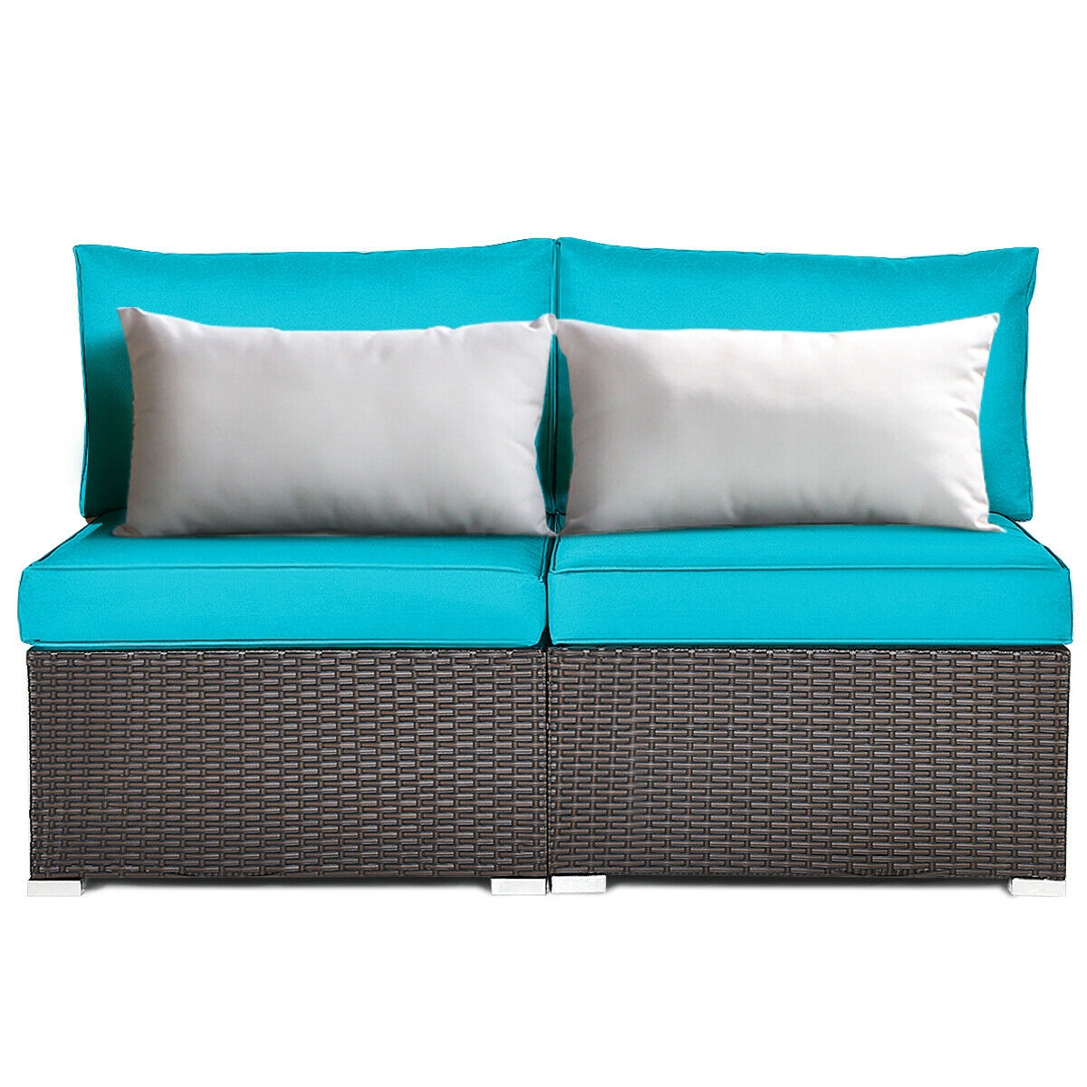2 Pieces Patio Rattan Armless Sofa Set with 2 Cushions and 2 Pillows-Blue - Image 7