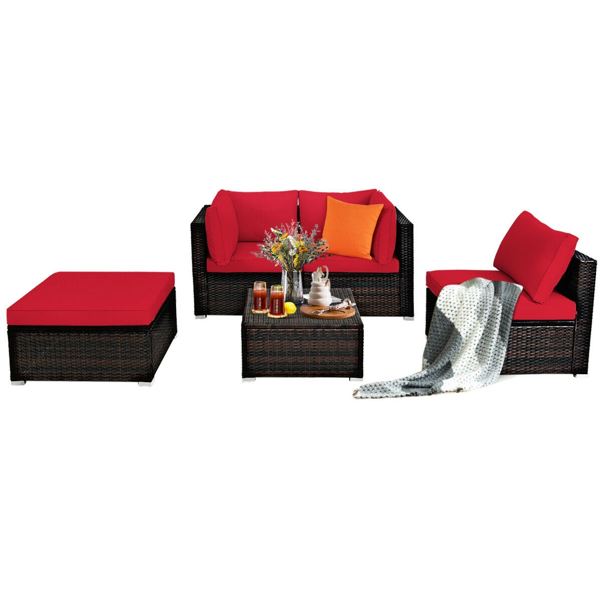 5 Pieces Patio Rattan Sofa Set with Cushion and Ottoman-Red - Image 7
