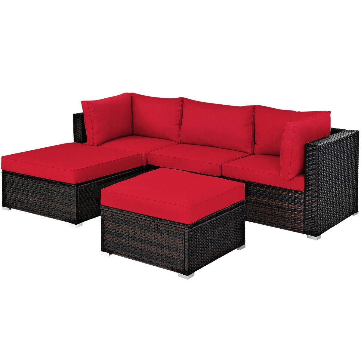 5 Pieces Patio Rattan Sofa Set with Cushion and Ottoman-Red - Image 2