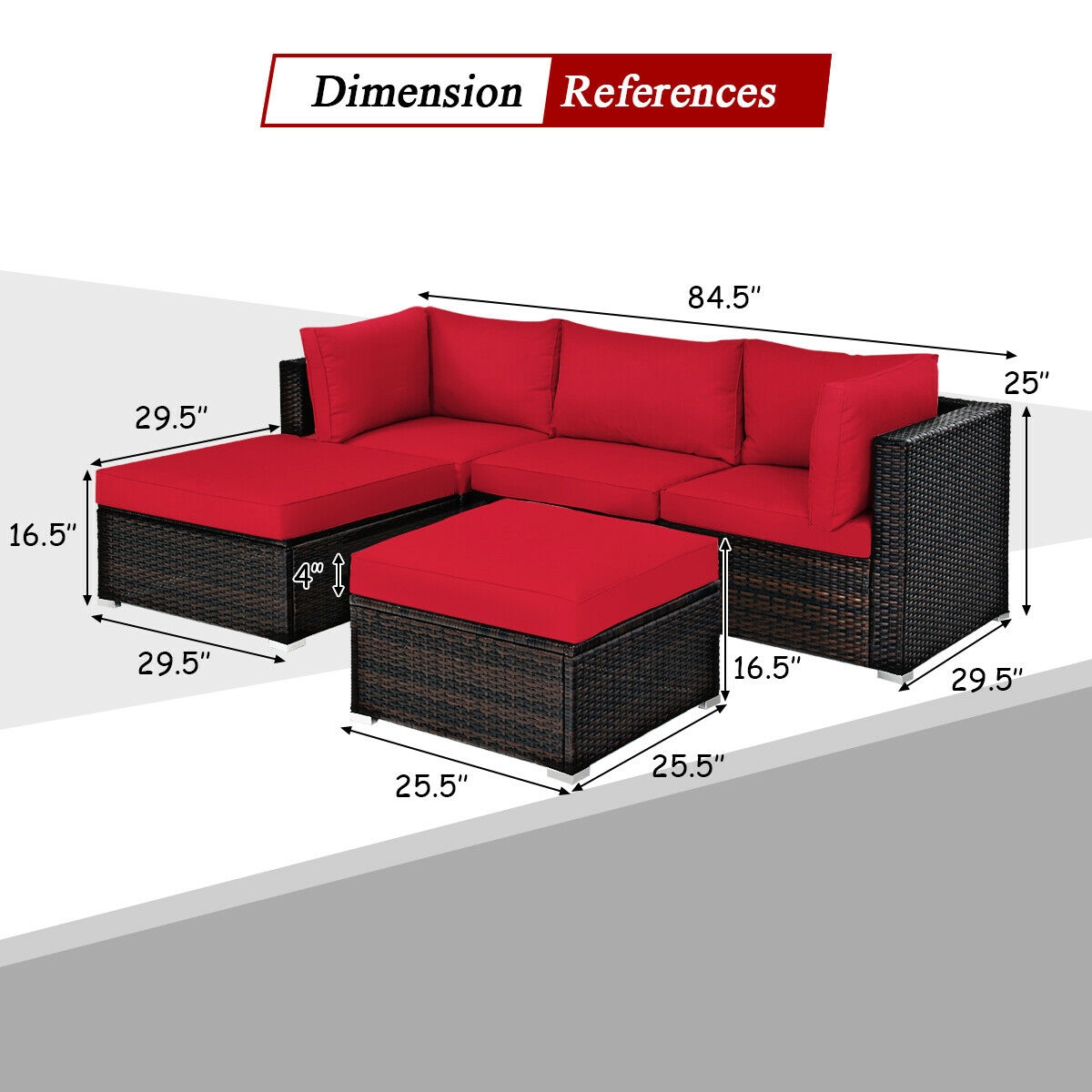 5 Pieces Patio Rattan Sofa Set with Cushion and Ottoman-Red - Image 3