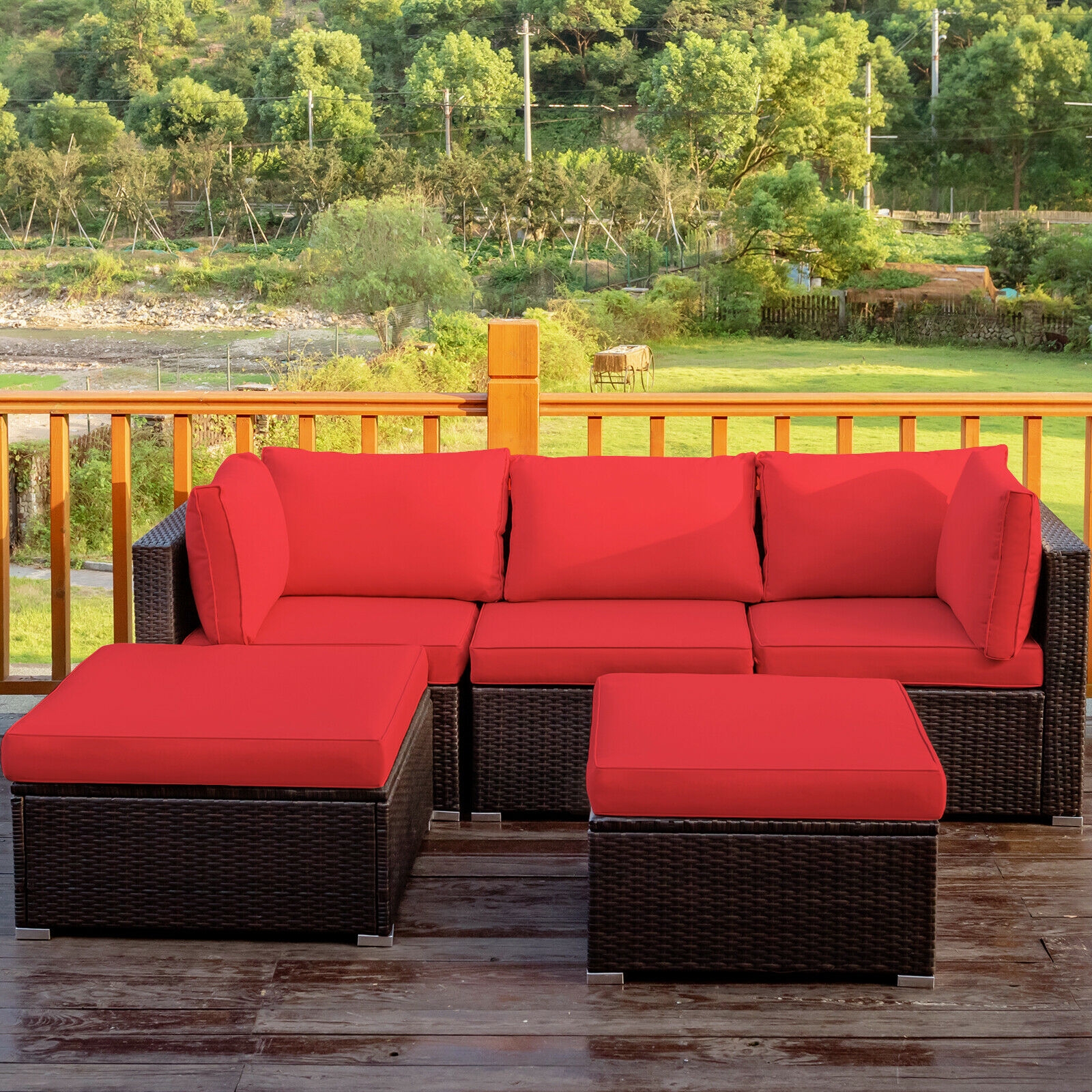 5 Pieces Patio Rattan Sofa Set with Cushion and Ottoman-Red - Image 5