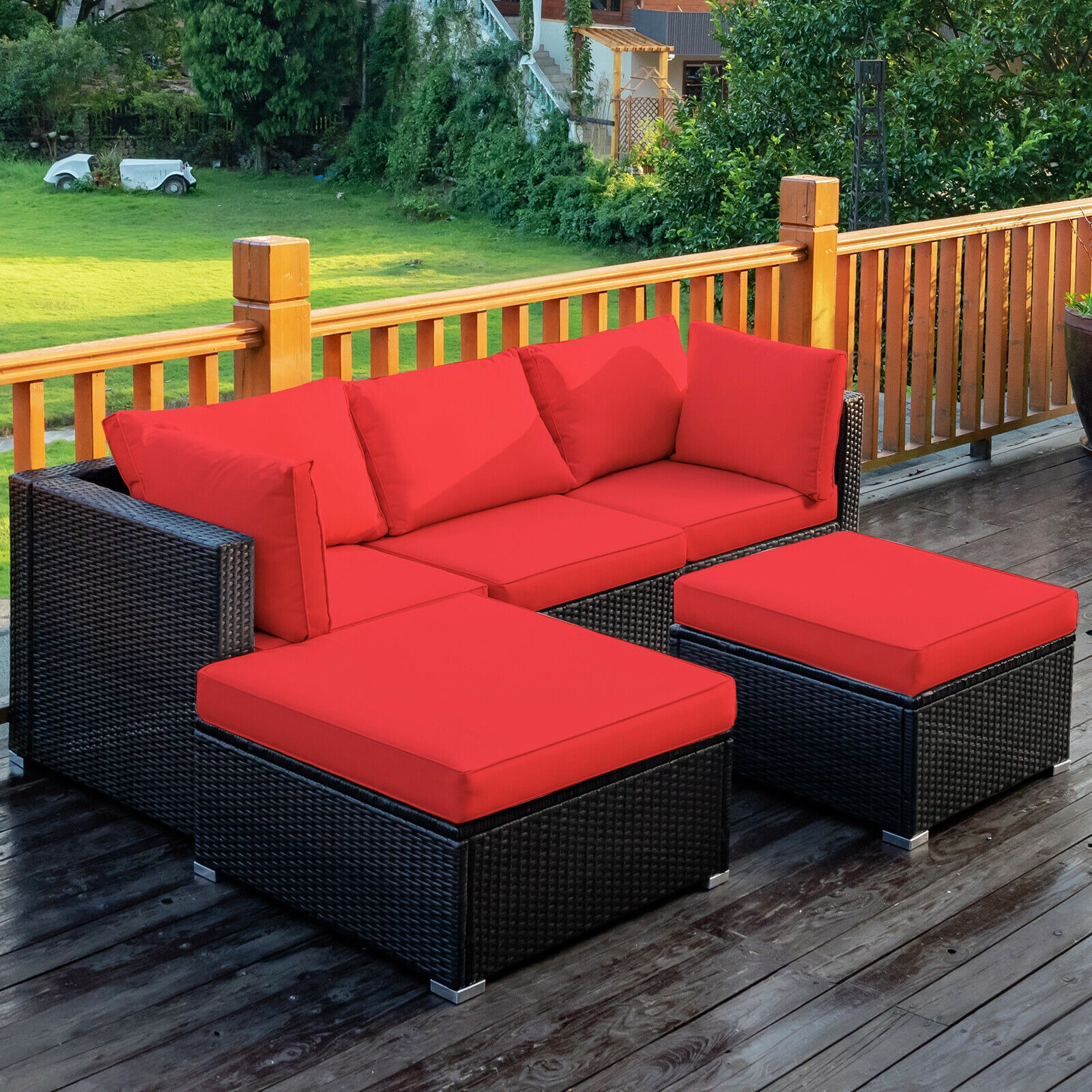 5 Pieces Patio Rattan Sofa Set with Cushion and Ottoman-Red - Image 6