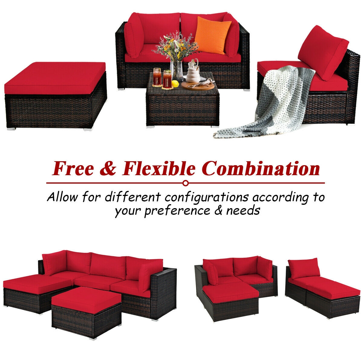 5 Pieces Patio Rattan Sofa Set with Cushion and Ottoman-Red - Image 4