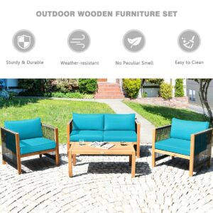 4 Pcs Acacia Wood Outdoor Patio Furniture Set with Cushions-Turquoise