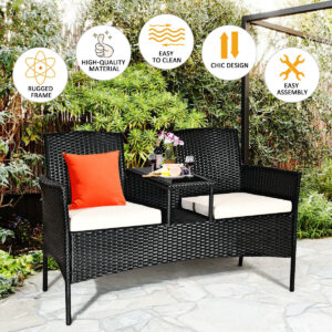 Wicker Patio Conversation Furniture Set with Removable Cushions and Table-White