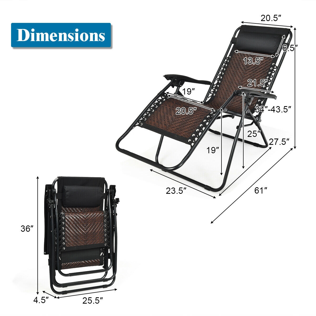 2 Pieces Folding Patio Rattan Zero Gravity Lounge Chair-Coffee - Image 3