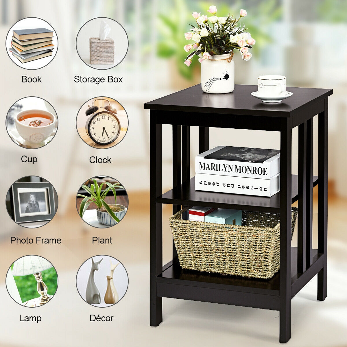 3-tier Side Table Nightstand with Stable Structure-Dark Brown
