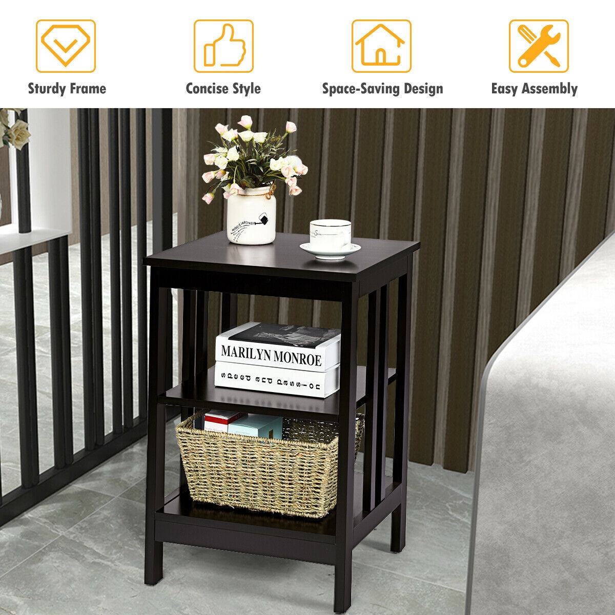 3-tier Side Table Nightstand with Stable Structure-Dark Brown - Image 4