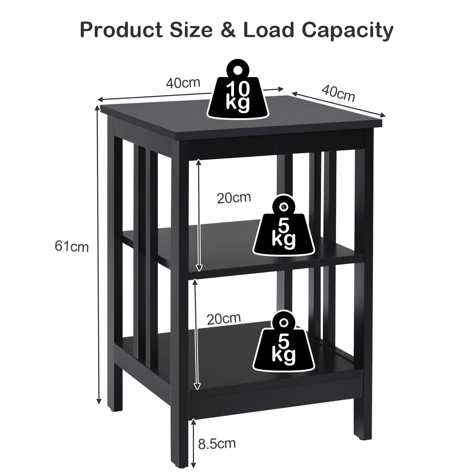 3-tier Side Table Nightstand with Stable Structure-Black - Image 3