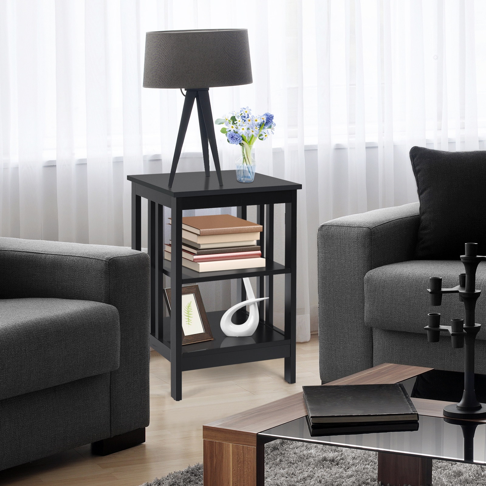 3-tier Side Table Nightstand with Stable Structure-Black - Image 6