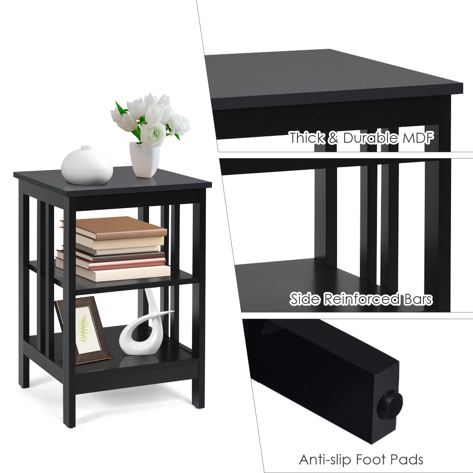 3-tier Side Table Nightstand with Stable Structure-Black - Image 7