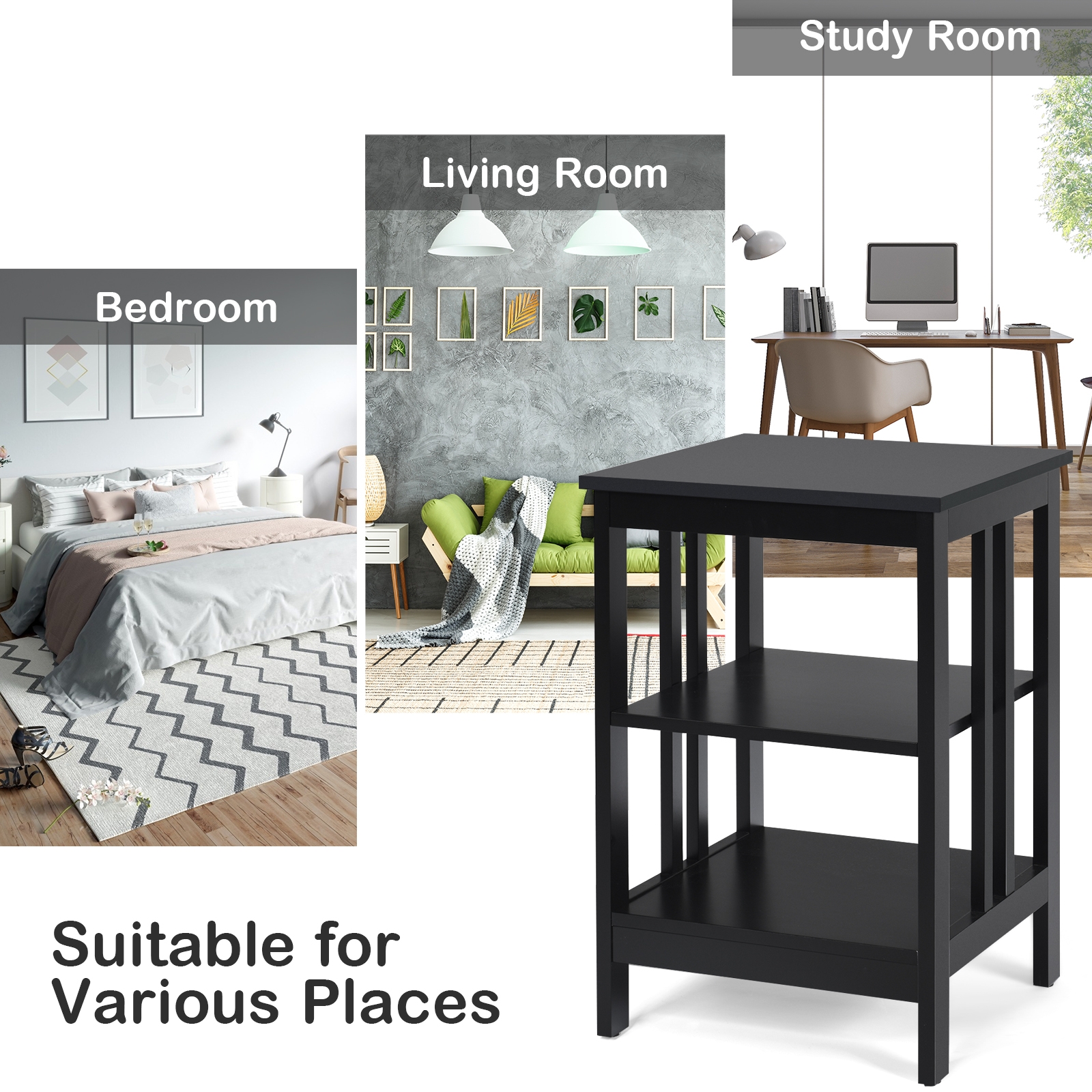 3-tier Side Table Nightstand with Stable Structure-Black - Image 4