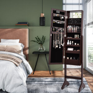 Mirrored Jewelry Cabinet Armoire Organizer w/ LED lights-Brown