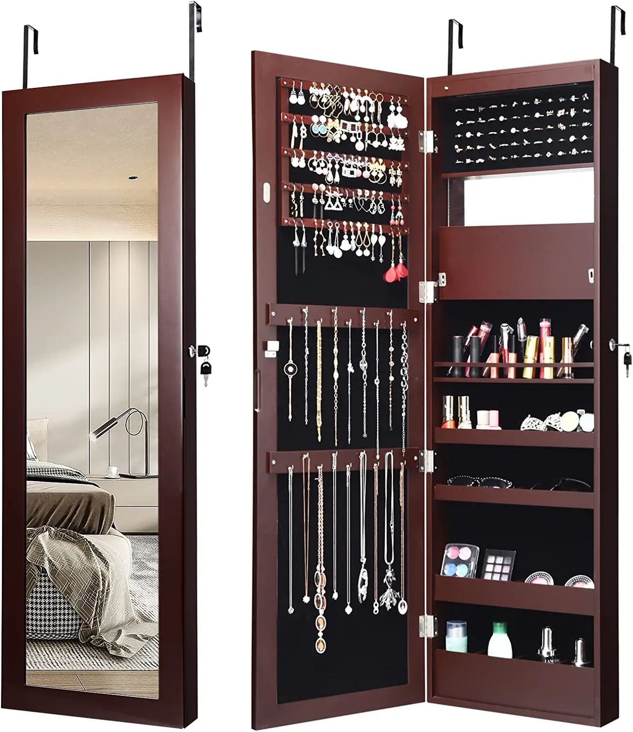 Lockable Wall Door Mounted Mirror Jewelry Cabinet with LED Lights-Brown - Image 2