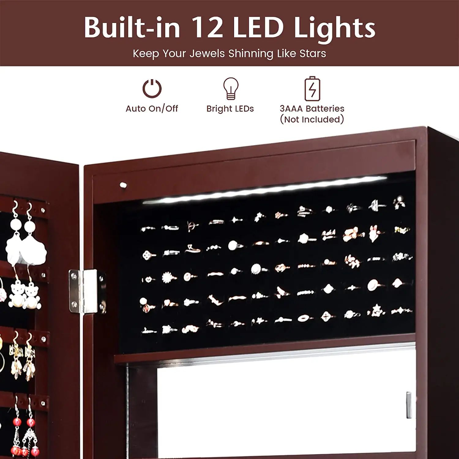 Lockable Wall Door Mounted Mirror Jewelry Cabinet with LED Lights-Brown - Image 7