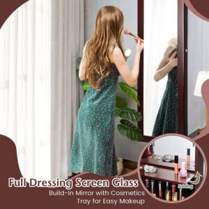 Lockable Wall Door Mounted Mirror Jewelry Cabinet with LED Lights-Brown