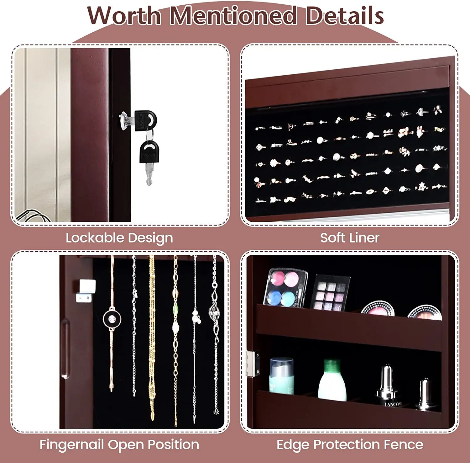 Lockable Wall Door Mounted Mirror Jewelry Cabinet with LED Lights-Brown - Image 6
