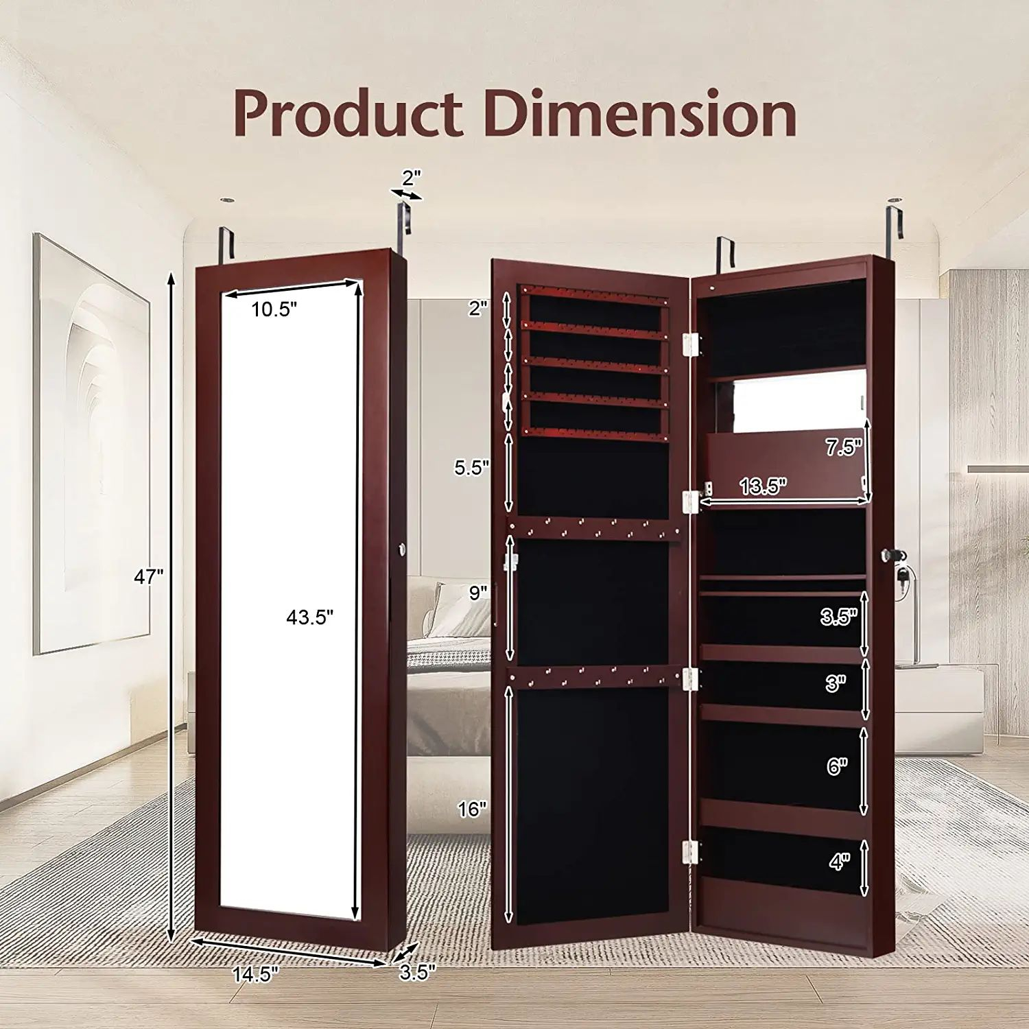 Lockable Wall Door Mounted Mirror Jewelry Cabinet with LED Lights-Brown - Image 3