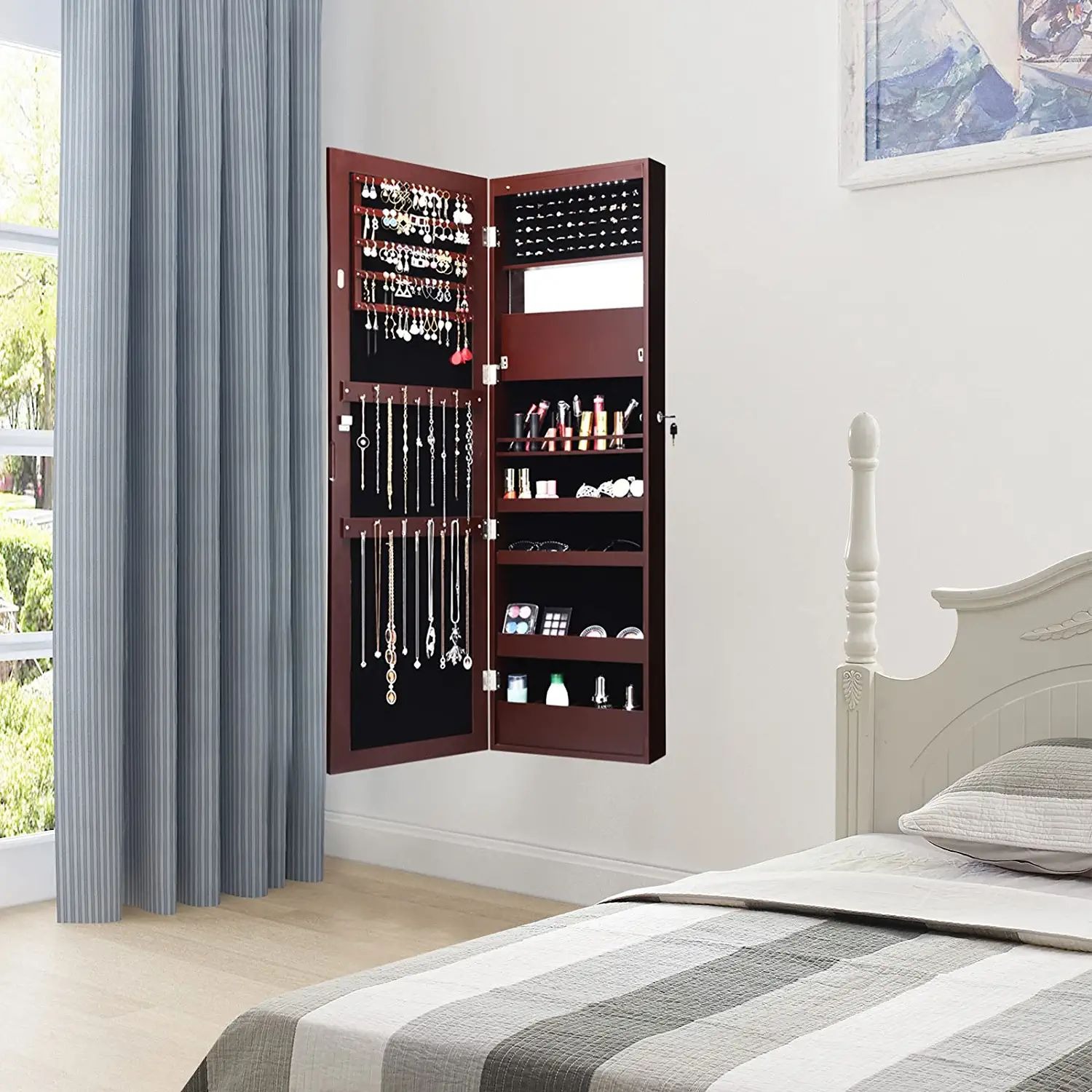 Lockable Wall Door Mounted Mirror Jewelry Cabinet with LED Lights-Brown - Image 5