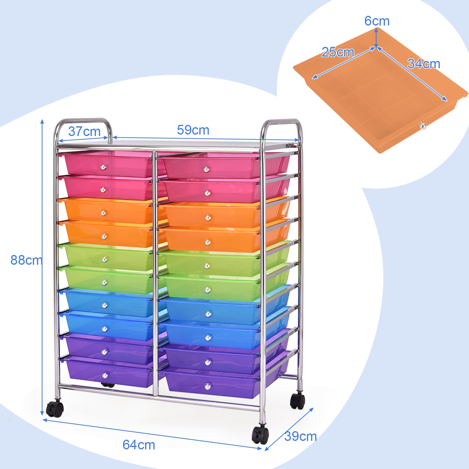 20 Drawers Storage Rolling Cart Studio Organizer-Multicolor - Image 3