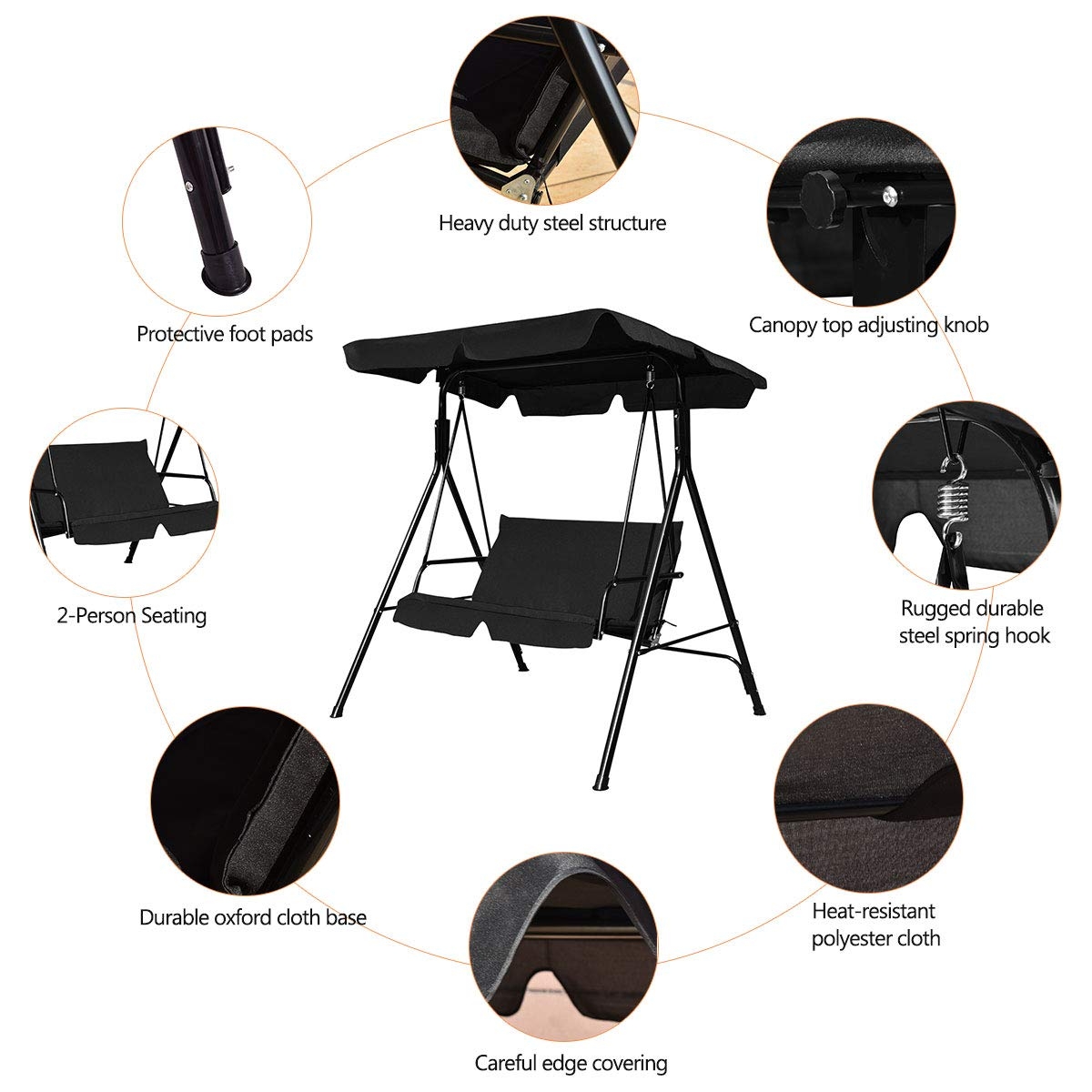 Loveseat Cushioned Patio Steel Frame Swing Glider -Black - Image 7