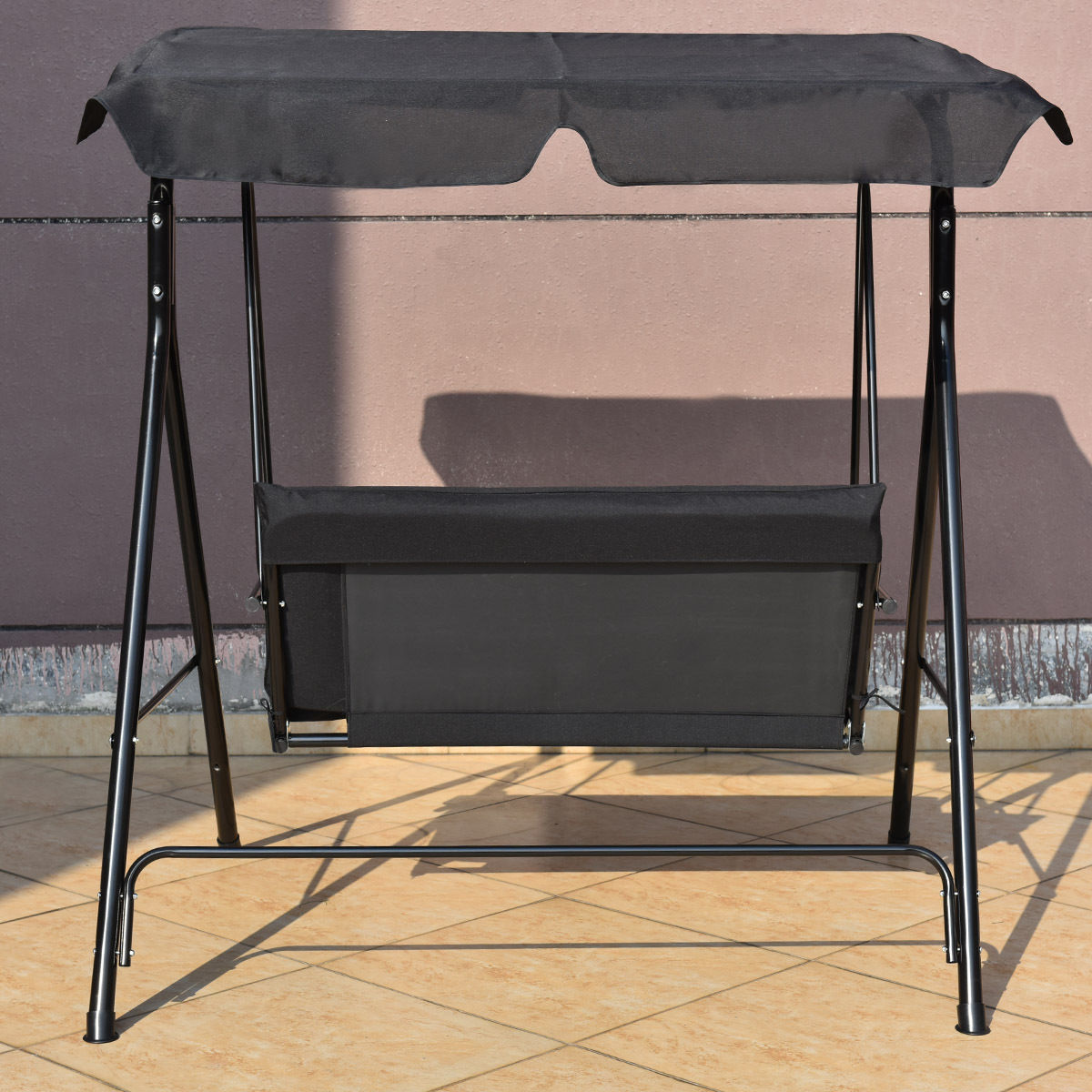 Loveseat Cushioned Patio Steel Frame Swing Glider -Black - Image 4