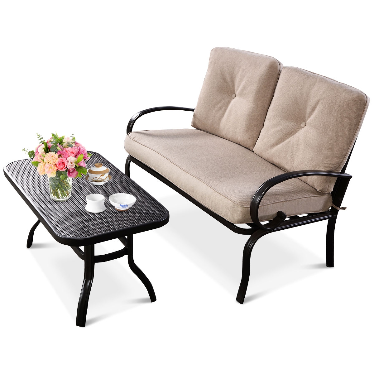 2 Pieces Patio Outdoor Cushioned Coffee Table Seat-Beige - Image 5
