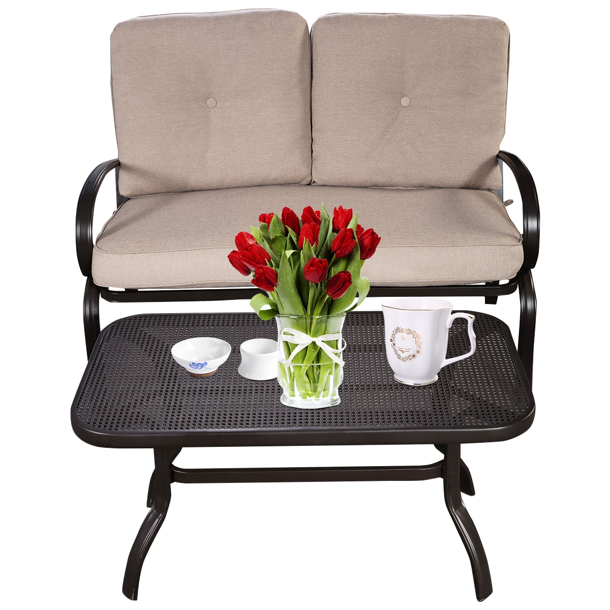 2 Pieces Patio Outdoor Cushioned Coffee Table Seat-Beige - Image 7