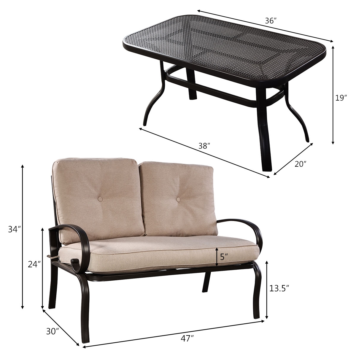 2 Pieces Patio Outdoor Cushioned Coffee Table Seat-Beige - Image 3
