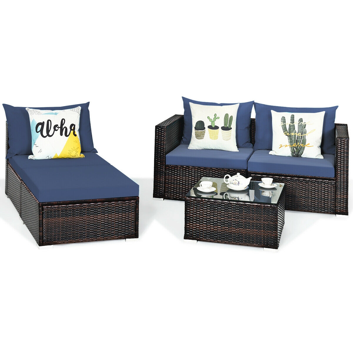 5 Pieces Patio Rattan Sectional Furniture Set with Cushions and Coffee Table -Navy - Image 6