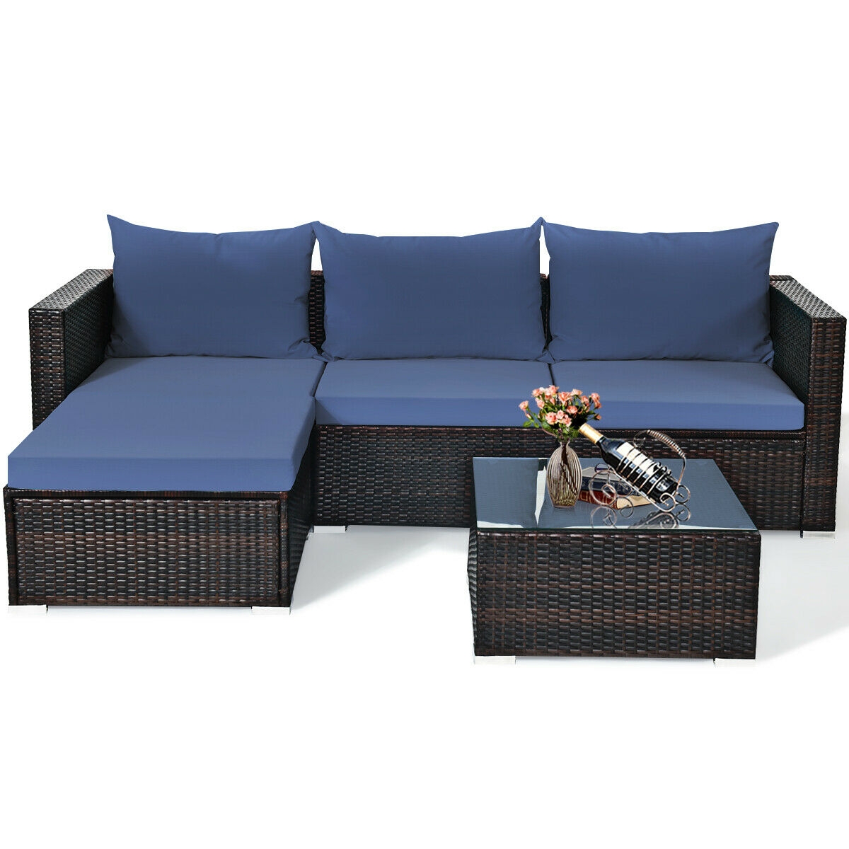 5 Pieces Patio Rattan Sectional Furniture Set with Cushions and Coffee Table -Navy - Image 7