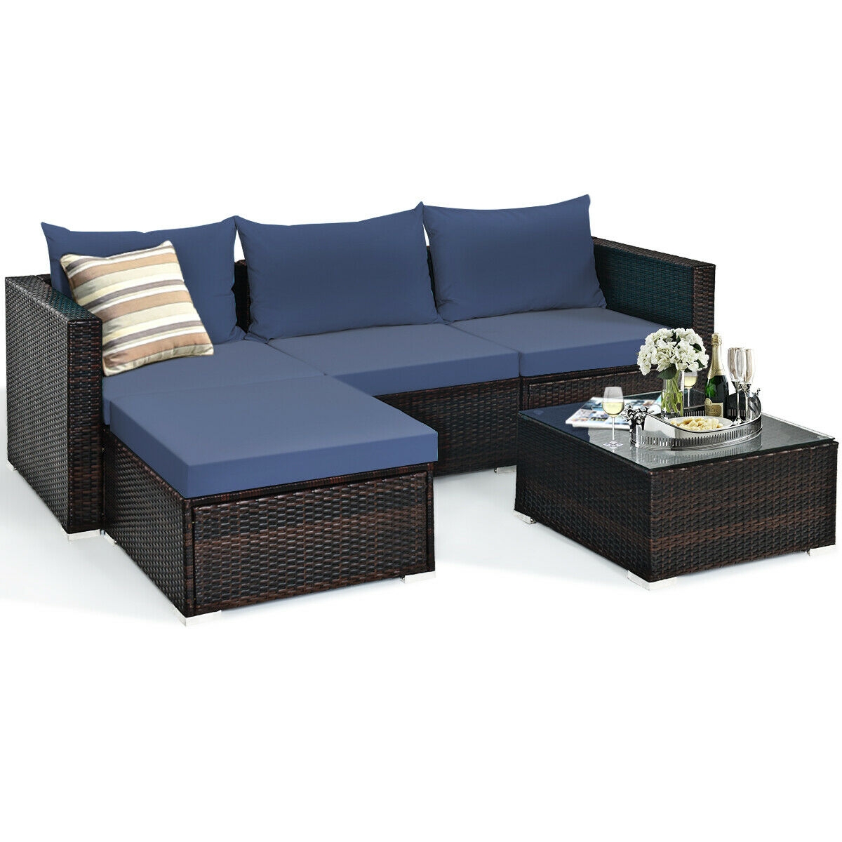 5 Pieces Patio Rattan Sectional Furniture Set with Cushions and Coffee Table -Navy - Image 2