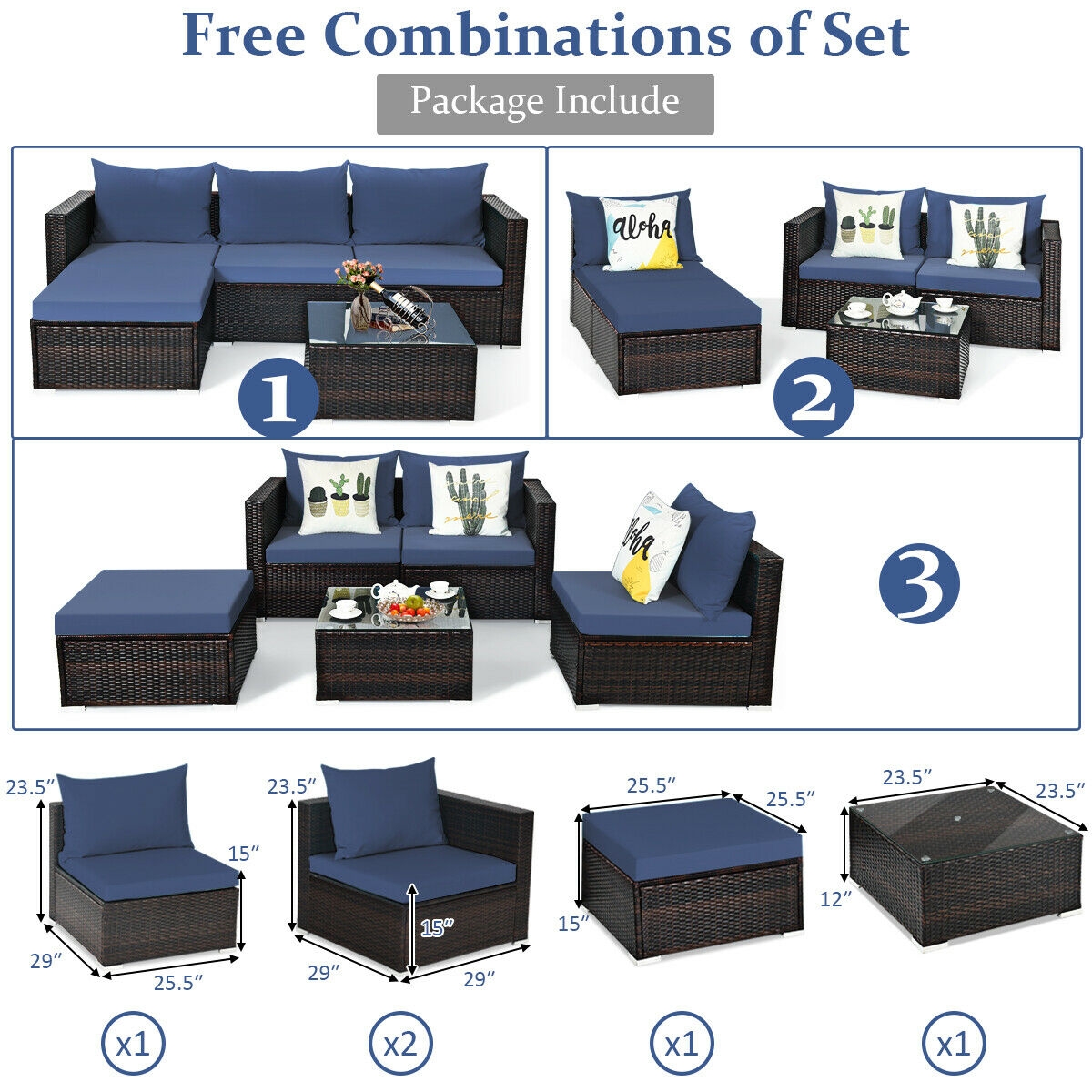5 Pieces Patio Rattan Sectional Furniture Set with Cushions and Coffee Table -Navy - Image 4
