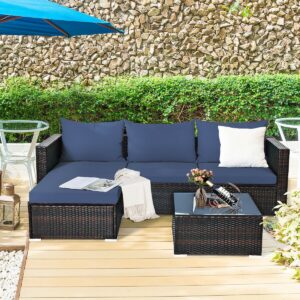 5 Pieces Patio Rattan Sectional Furniture Set with Cushions and Coffee Table -Navy