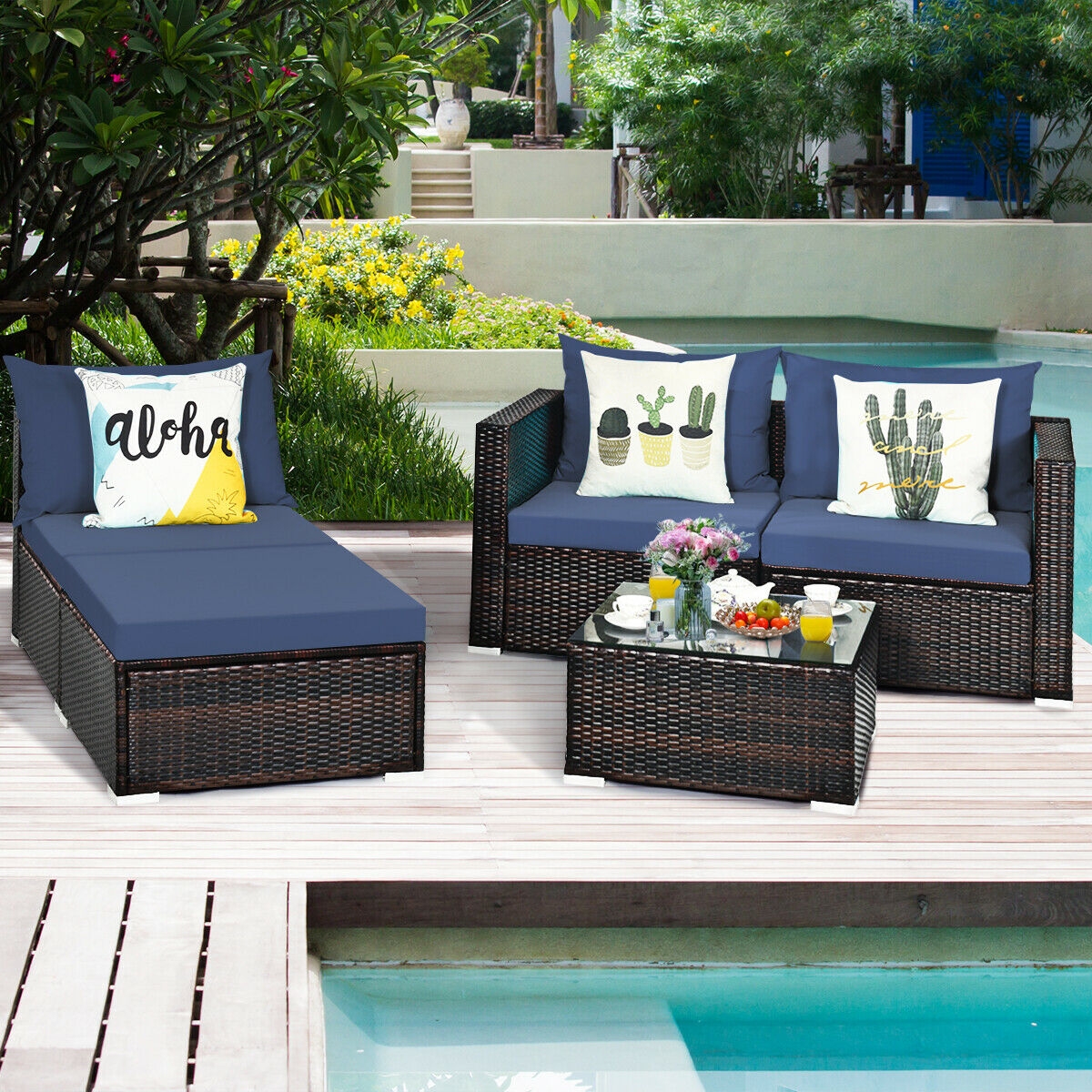5 Pieces Patio Rattan Sectional Furniture Set with Cushions and Coffee Table -Navy - Image 5