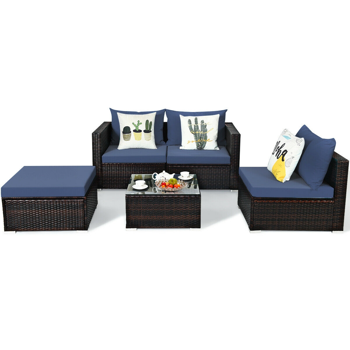 5 Pieces Patio Rattan Sectional Furniture Set with Cushions and Coffee Table -Navy - Image 3