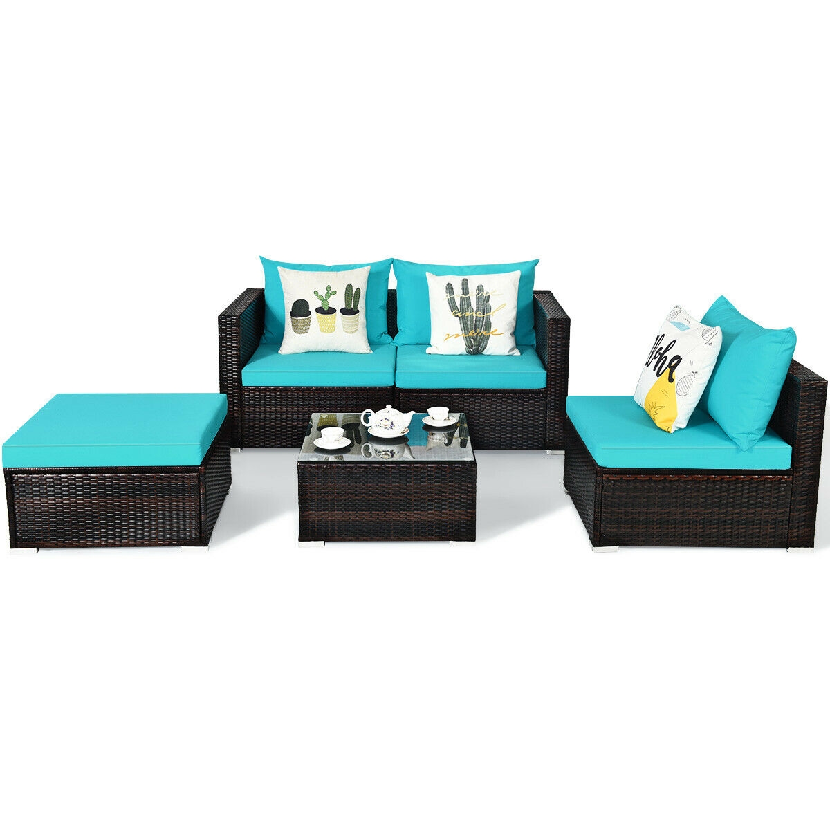 5 Pieces Patio Rattan Furniture Set with Coffee Table-Turquoise - Image 3