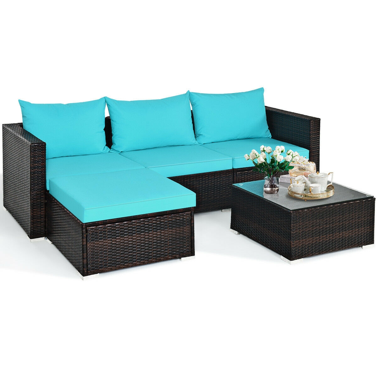5 Pieces Patio Rattan Furniture Set with Coffee Table-Turquoise - Image 2