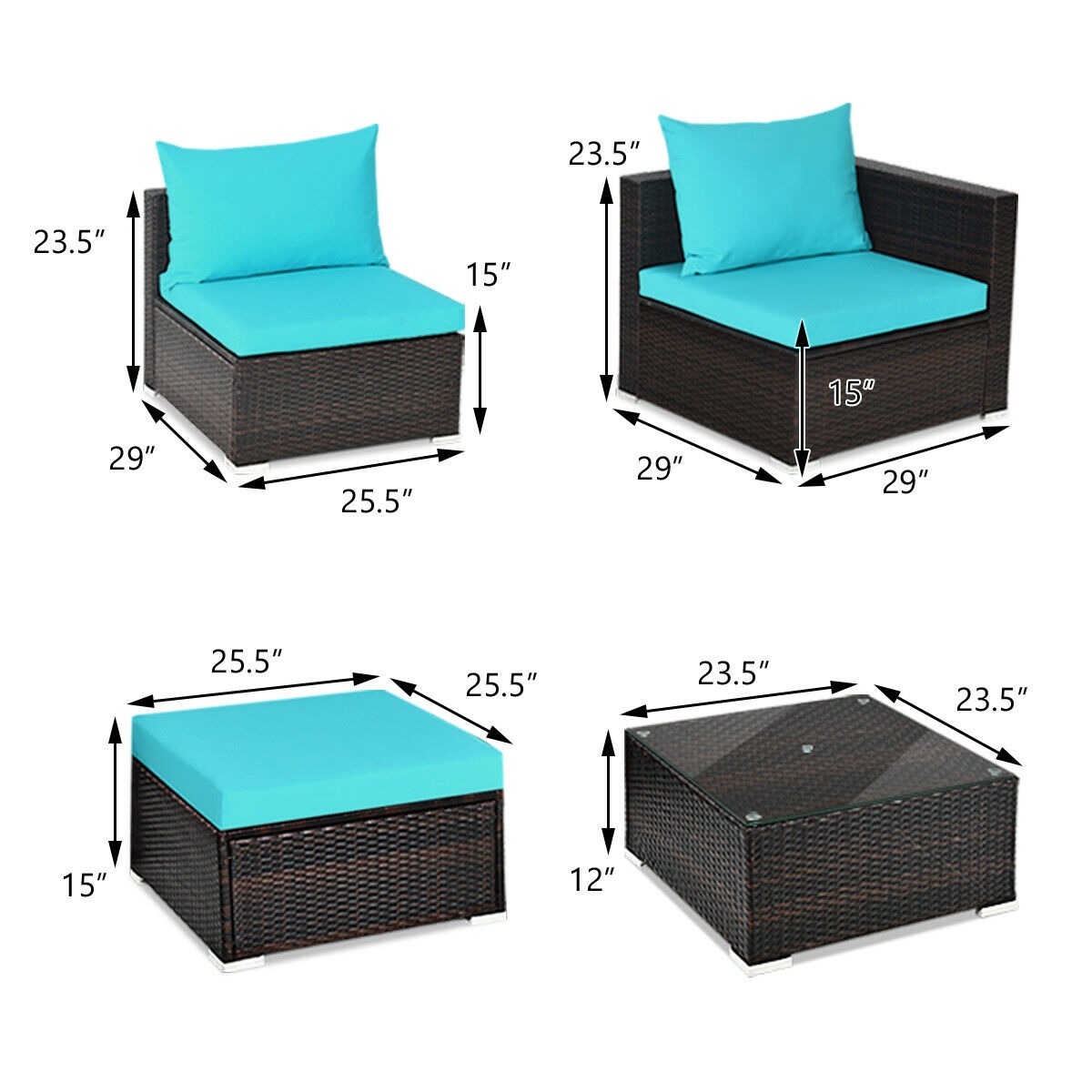 5 Pieces Patio Rattan Furniture Set with Coffee Table-Turquoise - Image 4