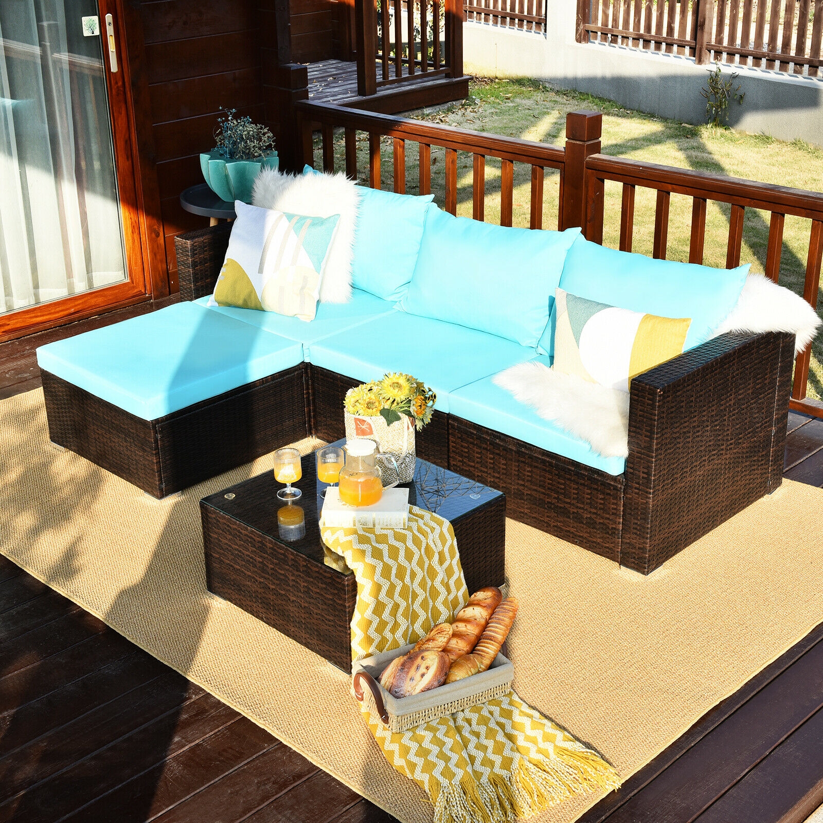 5 Pieces Patio Rattan Furniture Set with Coffee Table-Turquoise - Image 6