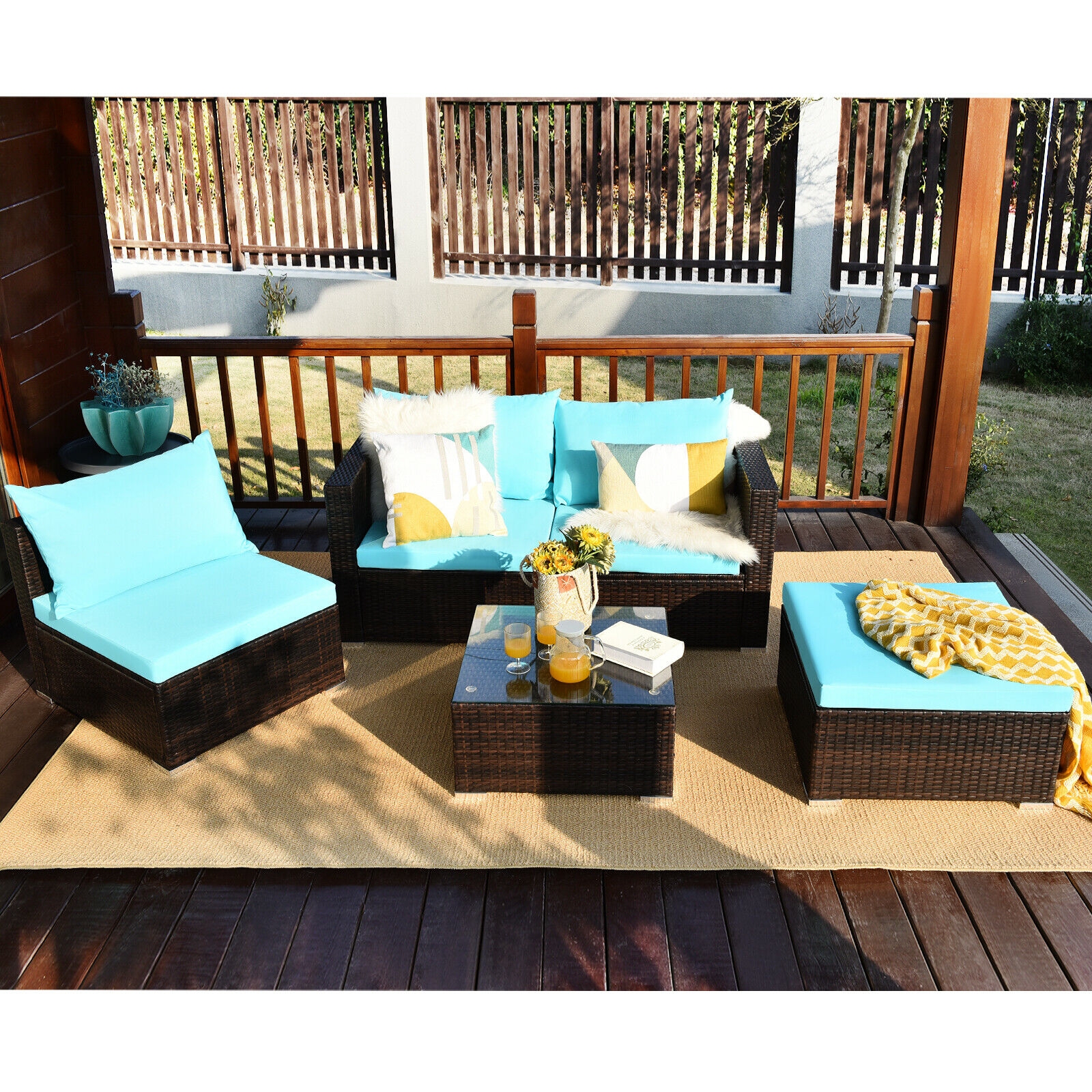 5 Pieces Patio Rattan Furniture Set with Coffee Table-Turquoise - Image 5
