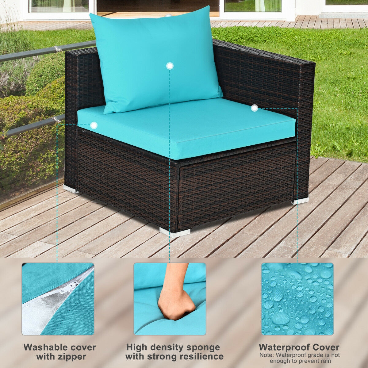 5 Pieces Patio Rattan Furniture Set with Coffee Table-Turquoise - Image 7