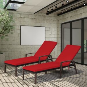 2 Pieces Patio Rattan Adjustable Back Lounge Chair with Armrest and Removable Cushions-Red