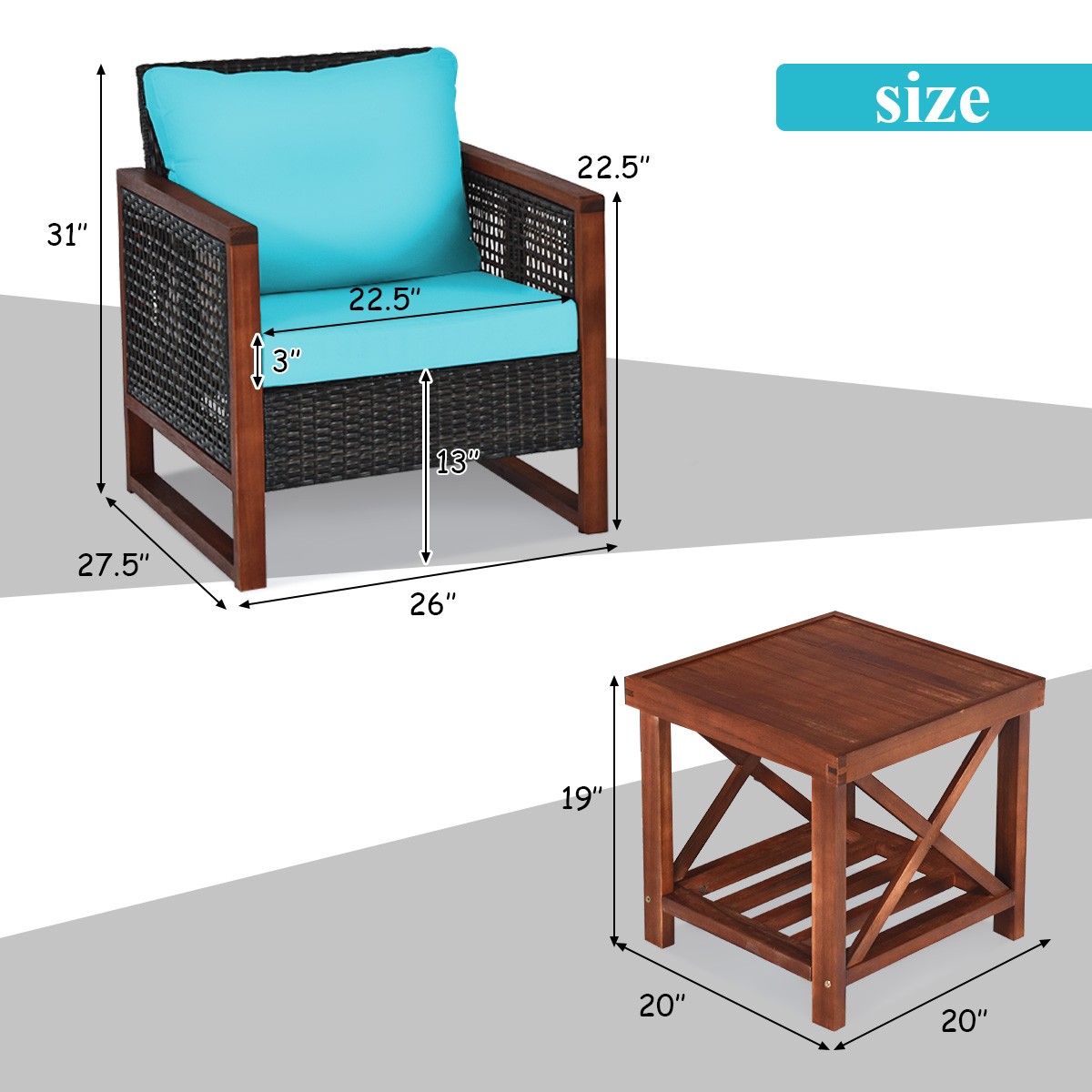 3 Pieces Acacia Wood Patio Furniture Set with Coffee Table-Turquoise - Image 4